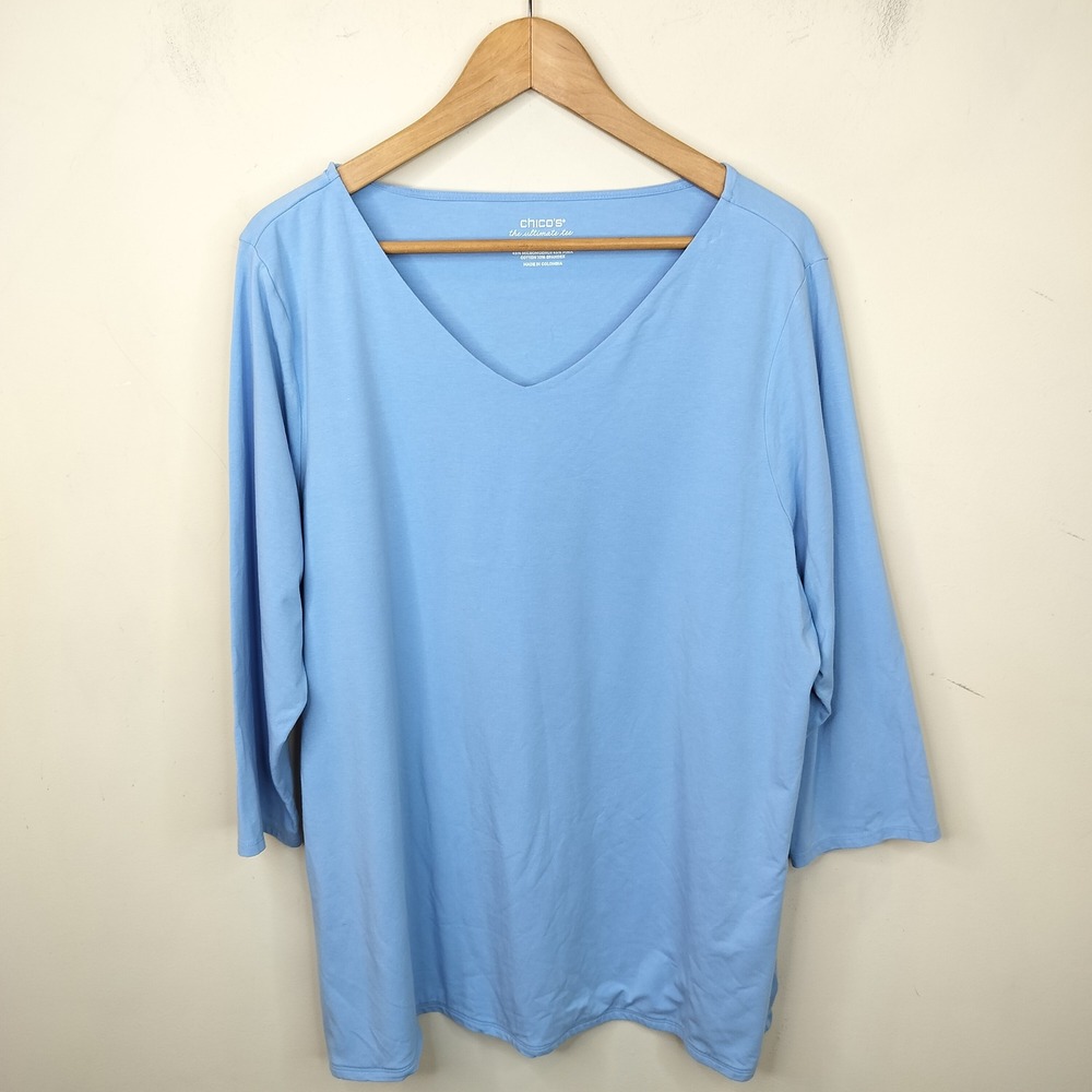 Chico's The Ultimate Tee Shirt XXL (4) Blue Modal Cotton Stretch V-Neck Casual